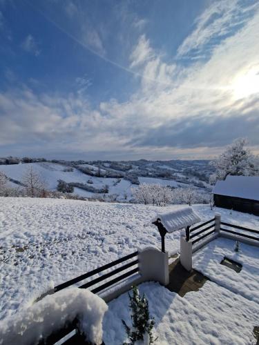 a snow covered yard with a snow covered bench at Deja View in Ivančići