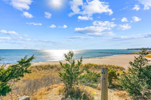 a view of a beach with trees and the ocean at Cozy Spacious Home Walk to the Beach and 1 Mile to Downtown Hyannis in Barnstable