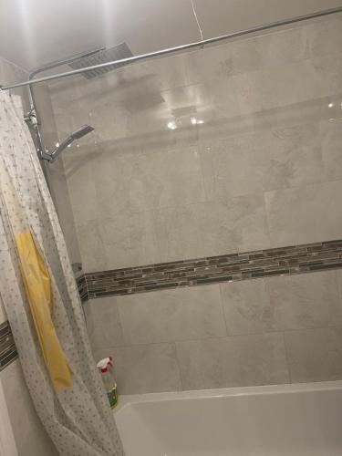 una doccia con porta in vetro in bagno di Angels Pad a Dagenham