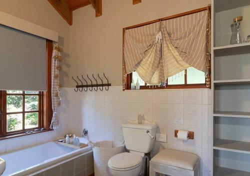 a bathroom with a toilet and a tub and a window at Villa Mtati in Port Alfred