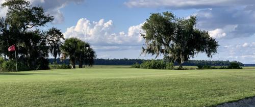 a golf course with two trees and a green at Home2 Suites By Hilton Kingsland in Kingsland