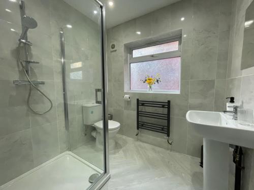 a bathroom with a shower and a toilet and a sink at Elm, Large 5 Bedrooms, Sleeps 10 With Parking in Birmingham