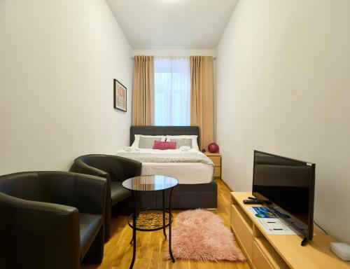 um quarto com uma cama, uma televisão e um sofá em Flarent Economy Apartments em Viena