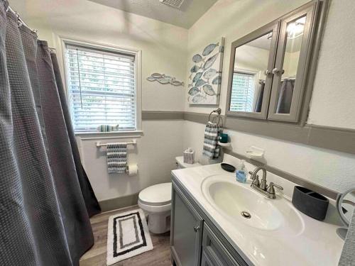 a bathroom with a sink and a toilet and a mirror at Comfy College Cottage Near Stadium & Campus in Tallahassee