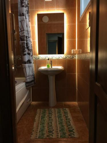 a bathroom with a sink and a mirror at Уютный уголок рядом с ЦУМом и ГУМом 1 in Bishkek