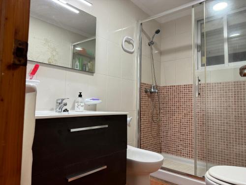 a bathroom with a shower and a toilet and a sink at Piso cerca de la playa. in Melilla