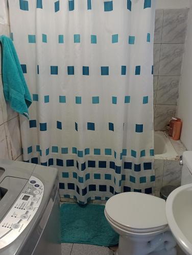 a bathroom with a toilet and a shower curtain at Alojamiento familiar mery in Coihaique