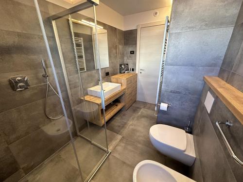 een badkamer met een douche, een toilet en een wastafel bij La Sorgente Appartamento Martin in Livigno