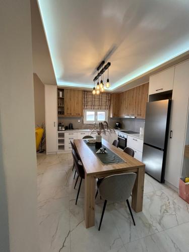 a kitchen with a wooden table and a refrigerator at Silver House in Asímion