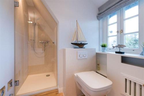 een badkamer met toilet en douche met een boot aan de muur bij Robbenloft-Wohnung-11 in Keitum