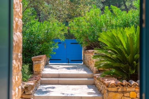a gate with a blue door in a garden at Marceline in Prvić Luka