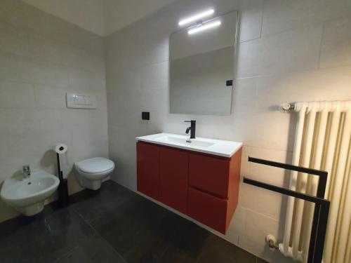 a bathroom with a sink and a toilet and a mirror at Vista mozzafiato sulle Alpi in Rovereto