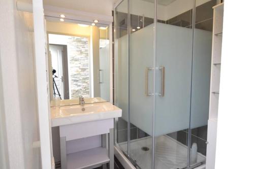 une salle de bain avec un lavabo et une douche en verre dans l'établissement Cap sur la Méditerranée et la Camargue, au Grau-du-Roi