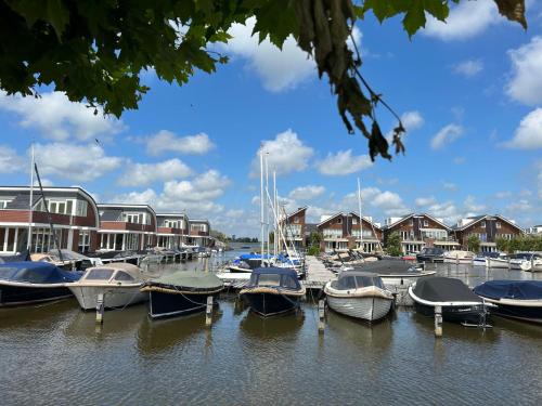 a bunch of boats docked in a marina with houses at Holiday Home Busch en Dam by Interhome in Uitgeest