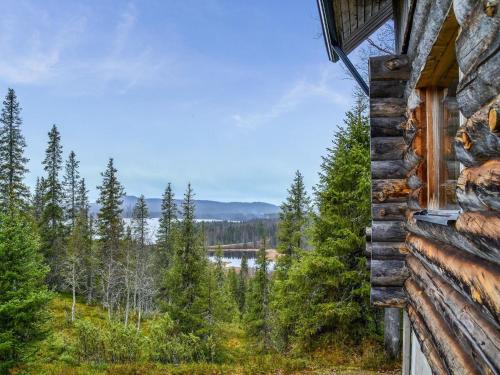AikkilaにあるHoliday Home Rukajärven kelopirtit hilla by Interhomeの湖の景色を望むログキャビン