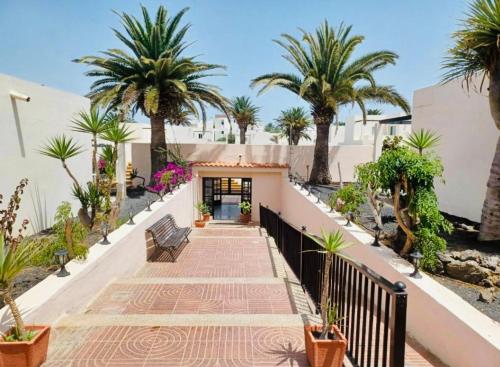 een loopbrug met palmbomen en een gebouw bij Alisios Playa, pool view in Corralejo