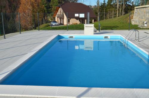 a large blue swimming pool in a yard at Holiday Home with Hot tub and Sauna Sabina in Rovte
