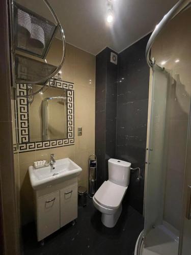 a bathroom with a toilet and a sink and a shower at Hotel Arkadia in Końskie
