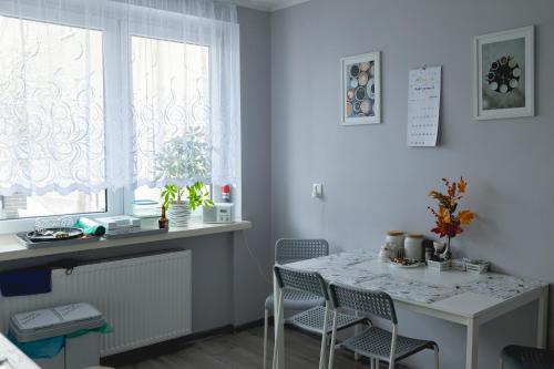 kuchnia ze stołem i krzesłami oraz oknem w obiekcie Dom Gościnny "Zawiśle" we Włocławku