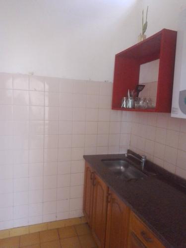 uma cozinha com um lavatório e um armário vermelho em Hostel Alto Alberdi em Córdoba