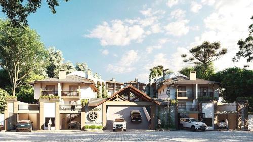 una casa grande con coches estacionados frente a ella en Chales Campestre Monte Verde - 150 mts do Centro en Monte Verde