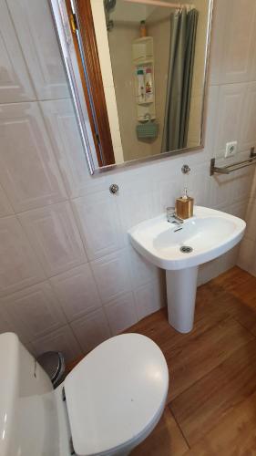 a bathroom with a sink and a toilet and a mirror at Apartamentos Eduardo Rico in Nerja