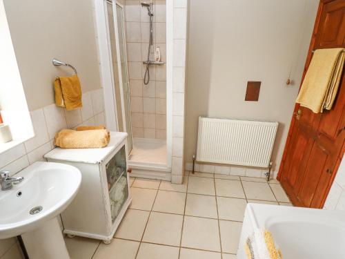uma casa de banho com um lavatório, um WC e um chuveiro em Ratty's Retreat em Spilsby