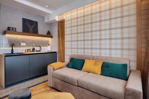 a living room with a couch and a kitchen at MODERN MOUNTAIN II in Kolašin