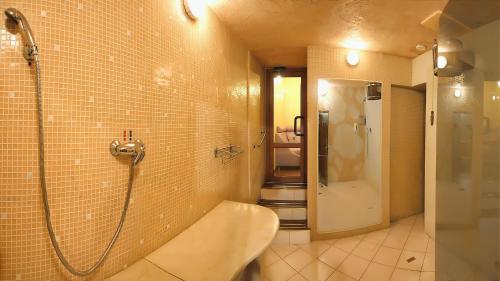 a bathroom with a shower and a tub and a sink at Swiss Hotel in Lviv