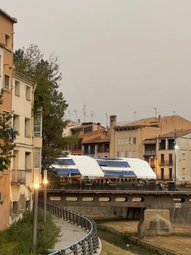 a train on a bridge over a river at Hostal Pirineos in Barbastro