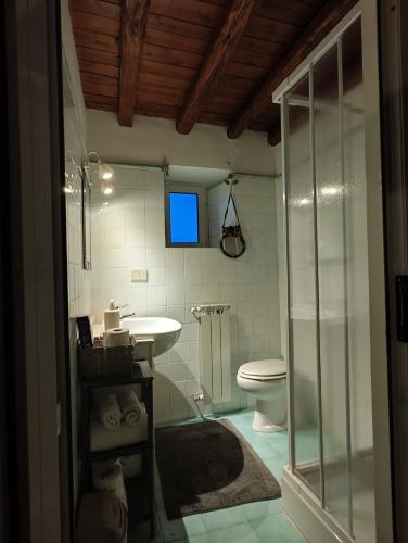 uma casa de banho com um WC, um lavatório e um chuveiro em Chalet Romantico Sul Lago em Anguillara Sabazia
