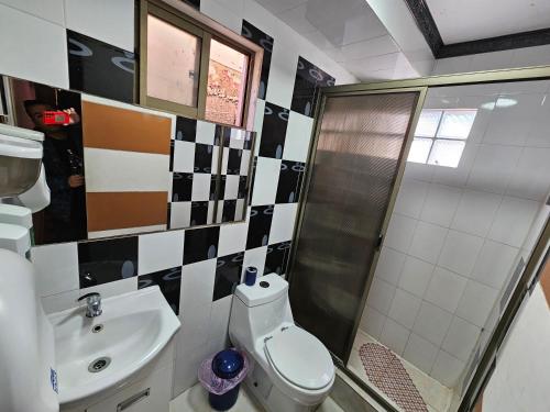 uma casa de banho com um WC, um chuveiro e um lavatório. em Hotel la Pampa em Alto Hospicio