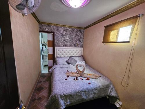 Un dormitorio con una cama con dos serpientes. en Hotel la Pampa, en Alto Hospicio