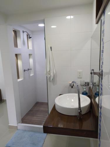 y baño con lavabo y ducha. en Apartamento Amoblado en Tuluá, 2 Habitaciones, en Tuluá