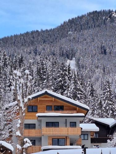 un edificio cubierto de nieve con una montaña en Zimmer & Appartements Schwarzenbacher Sonja & Konrad en Kleinarl