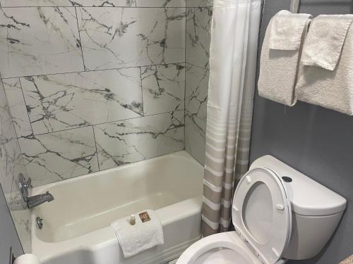a bathroom with a white toilet and a bath tub at Americas Best Value Inn-Savannah in Savannah