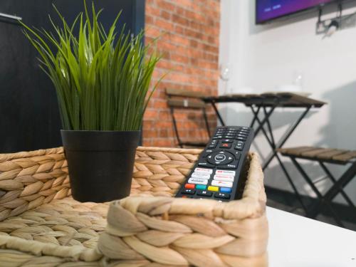 a remote control and a potted plant in a basket at Cosmeston Cwtch by Property Promise in Cardiff