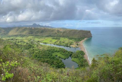 an aerial view of a beach and the ocean at Guesthouse with amazing views in Marigot Bay