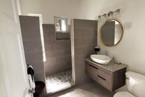 y baño con lavabo y espejo. en Modern 1 bed guesthouse with pool and ocean view, en Marigot