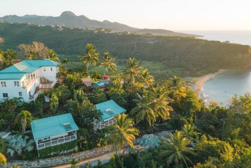 een luchtzicht op een resort met palmbomen en een strand bij Amazing mountain top home with pool in Marigot Bay