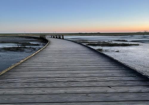 a wooden boardwalk leading into the water on a beach at Wolkenlos in Butjadingen