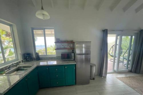 a kitchen with green cabinets and a stainless steel refrigerator at Amazing mountain top home with pool in Marigot Bay
