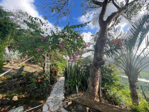 a garden with flowers and a stone path at Amazing mountain top home with pool in Marigot Bay