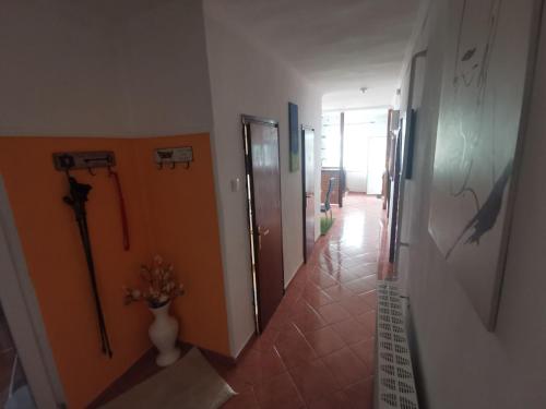 a hallway with doors and a vase of flowers at Csucsu Vendégház in Mád