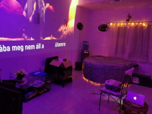 a room with a bed and a room with purple lights at Csucsu Vendégház in Mád