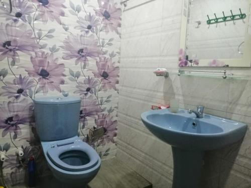 uma casa de banho com um WC azul e um lavatório. em Udara's Colombo Rooms em Battaramulla