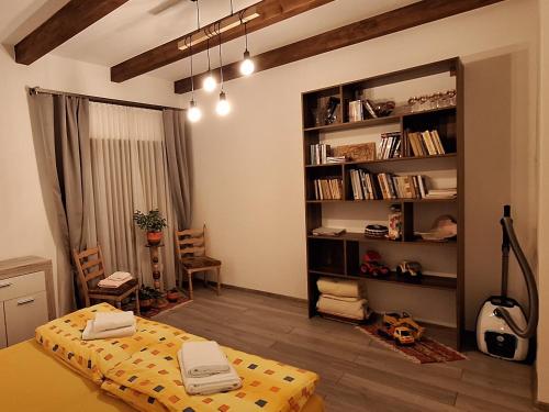 a bedroom with a bed and a book shelf at Apartmány Orava in Dolný Kubín