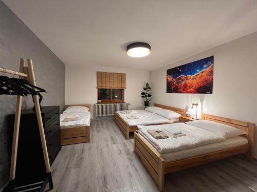 Zimmer mit 2 Betten und Wandgemälde in der Unterkunft Chata OXY in Ždiar