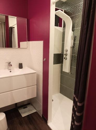 a bathroom with a sink and a shower at Cocon au pied de la Chartreuse in Lumbin