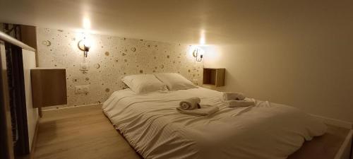a bedroom with a white bed with two towels on it at Antares - SILS --- 2 chambres séparées en mezzanine in Caen